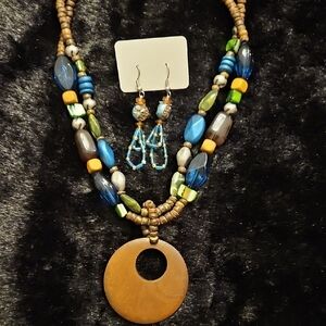 Boho Blue & Green Beaded Necklace with Wooden Pendant and Earrings 16"+3" Ext